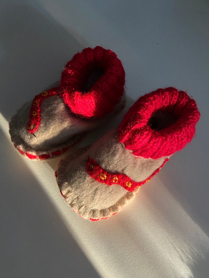 BABY BOOTIES:  Red and Natural with sneaky snakes