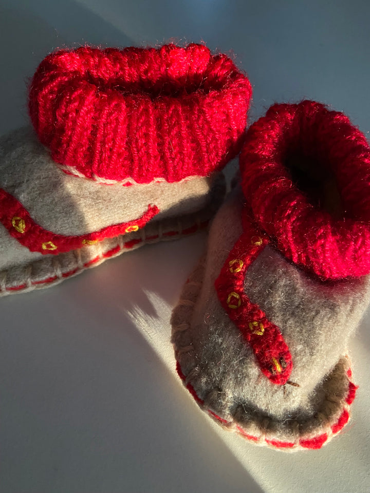 BABY BOOTIES:  Red and Natural with sneaky snakes