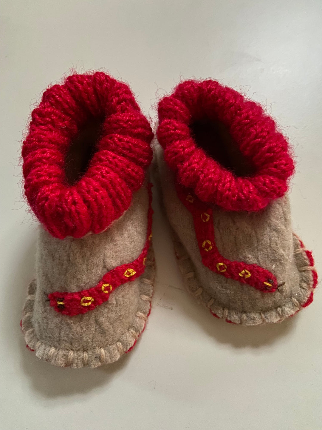 BABY BOOTIES:  Red and Natural with sneaky snakes