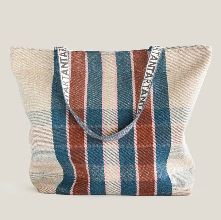 Wool Tartan Overnight Bag in red, natural and blue tones